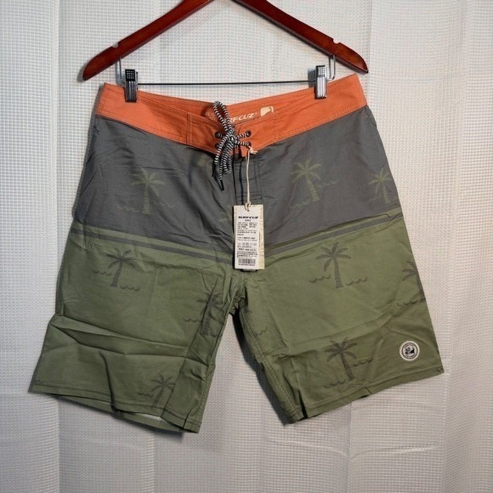 SURFCUZ Board Shorts 32 Green Gray Orange Palm Tree Print Stretch Swim Trunks